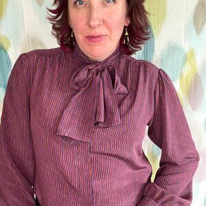 Lilly Ann striped Volup blouse w/bow at neck designer poly top Plus Bust 42”